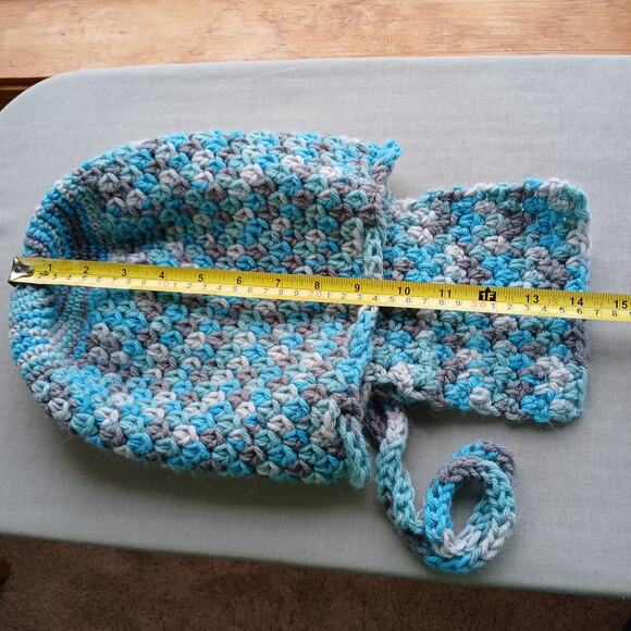 Icelandic Crochet Drawstring Mini Backpack Purse Bag blue grey handmade unlined - Picture 10 of 12